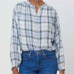 LOFT Plaid Ruffled Trim Button Down Long SleeveTop